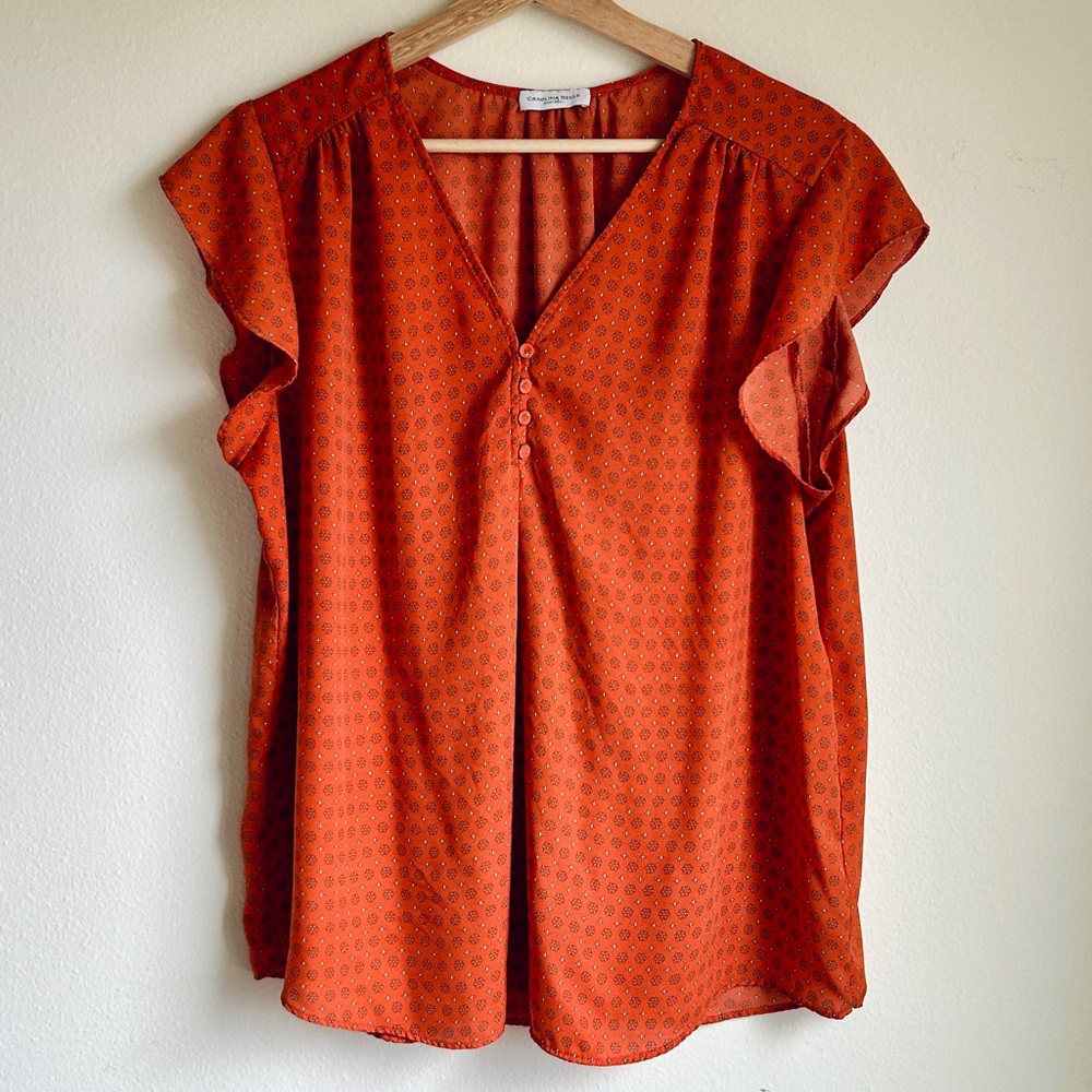 Carolina Belle I Rust Floral Blouse I Women's XL I Ruffle Sleeve